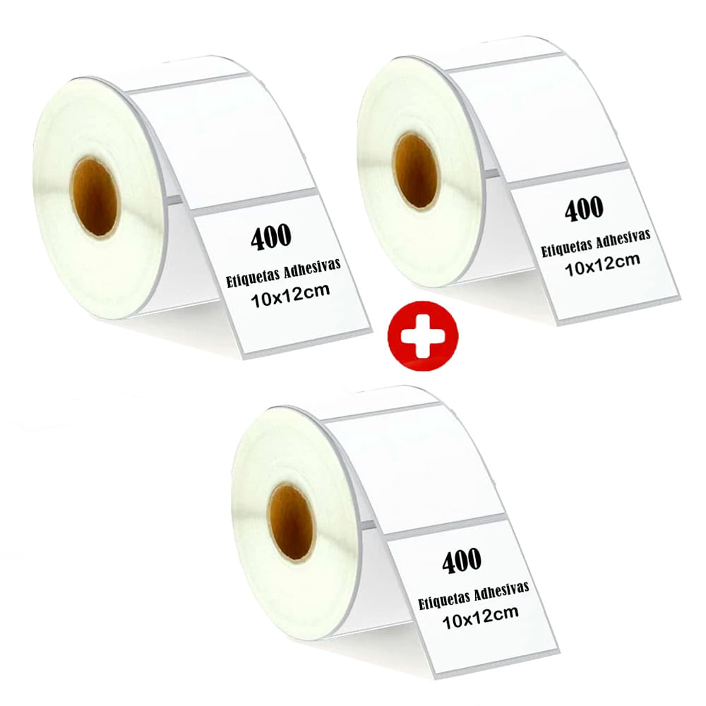 Pack 3 rollo 400 etiquetas adhesiva térmica 10x12 cm, impermeable, compatible impresora térmica, sin tinta